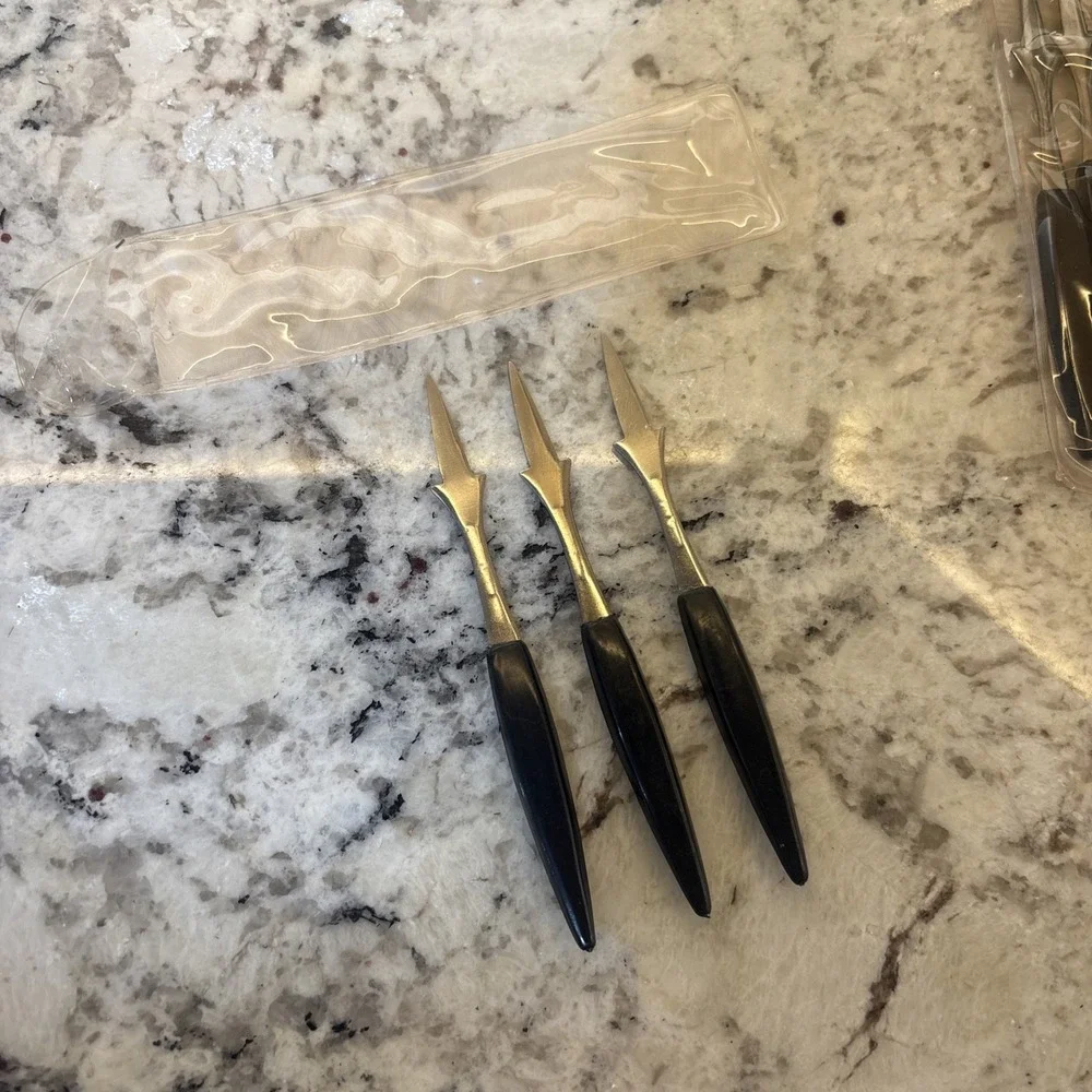 15‎ NOS Vtg MCM Hors d'oeuvres Stainless Black Handled Olive Picks Forks Japan